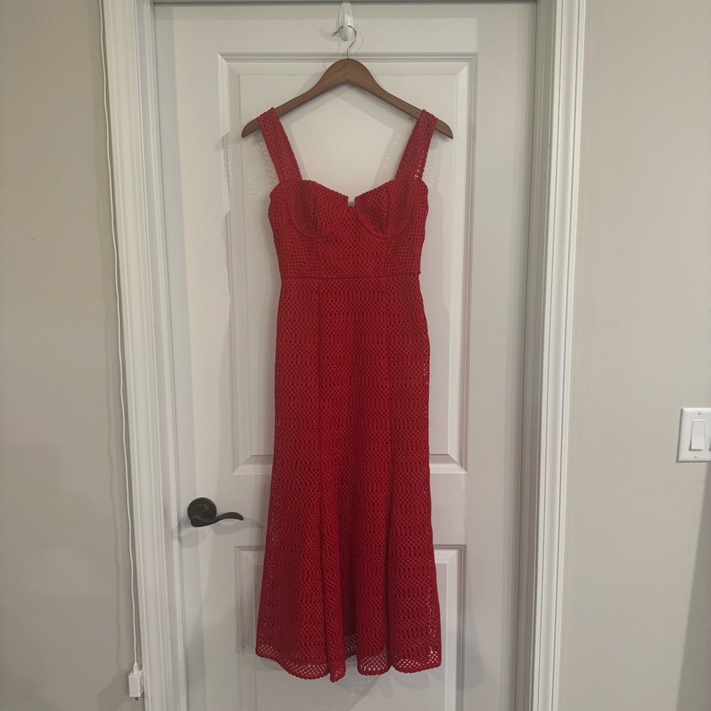Self Portait Lattice Lace Midi Dress in Red - Picture 3 of 16
